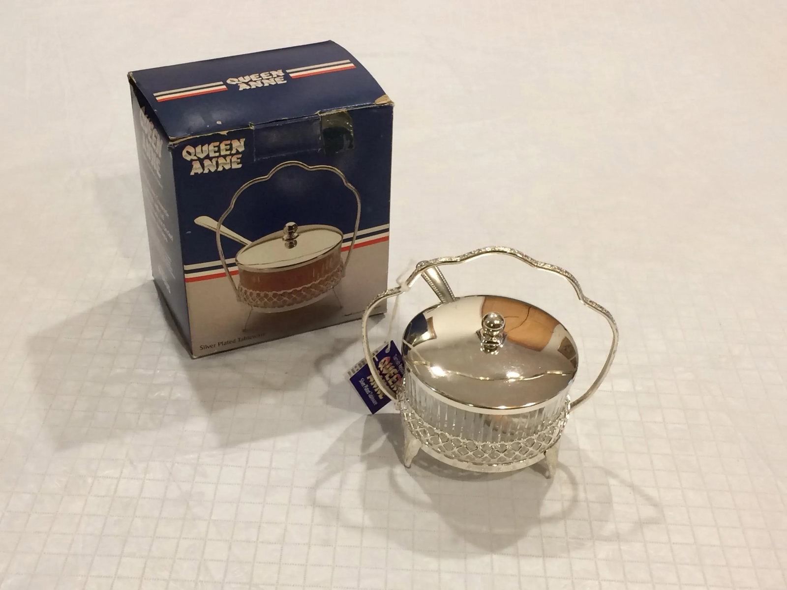 Vintage Mayell & Co Queen Anne Silver Plated Tableware Glass Bowl Caddy With Spoon and Original Box - 2