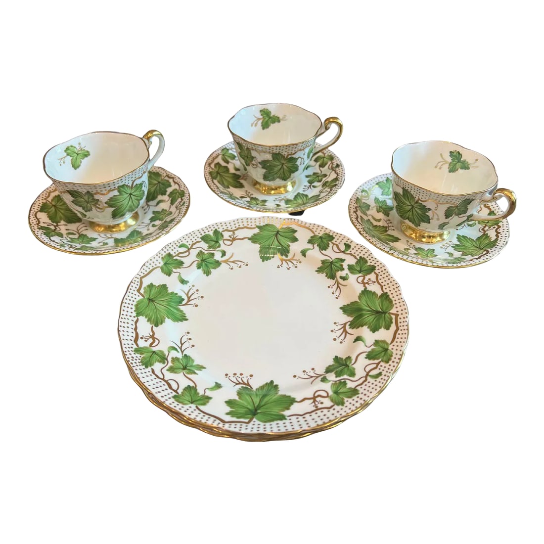 1940s Royal Chelsea Maple Leaf Bone China in Green & Gold - Set of 9: Royal Chelsea, fine, white bone china set, made in England. Maple leaf pattern in shades of green with heavy gold gilded vines, border and polka dots. Footed Teacups with gilded rim, base and outer