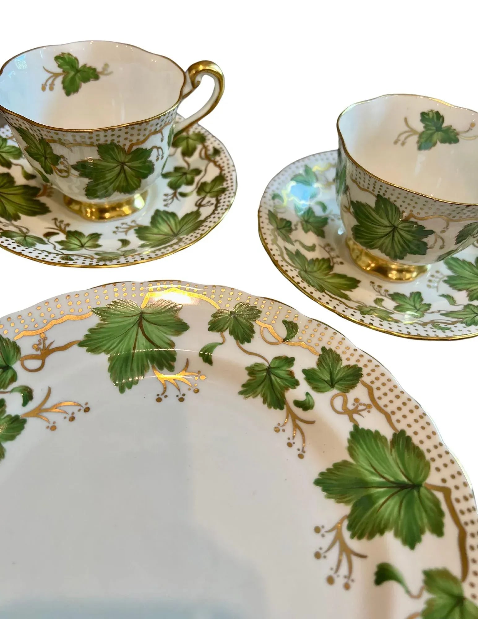 1940s Royal Chelsea Maple Leaf Bone China in Green & Gold - Set of 9 - 7