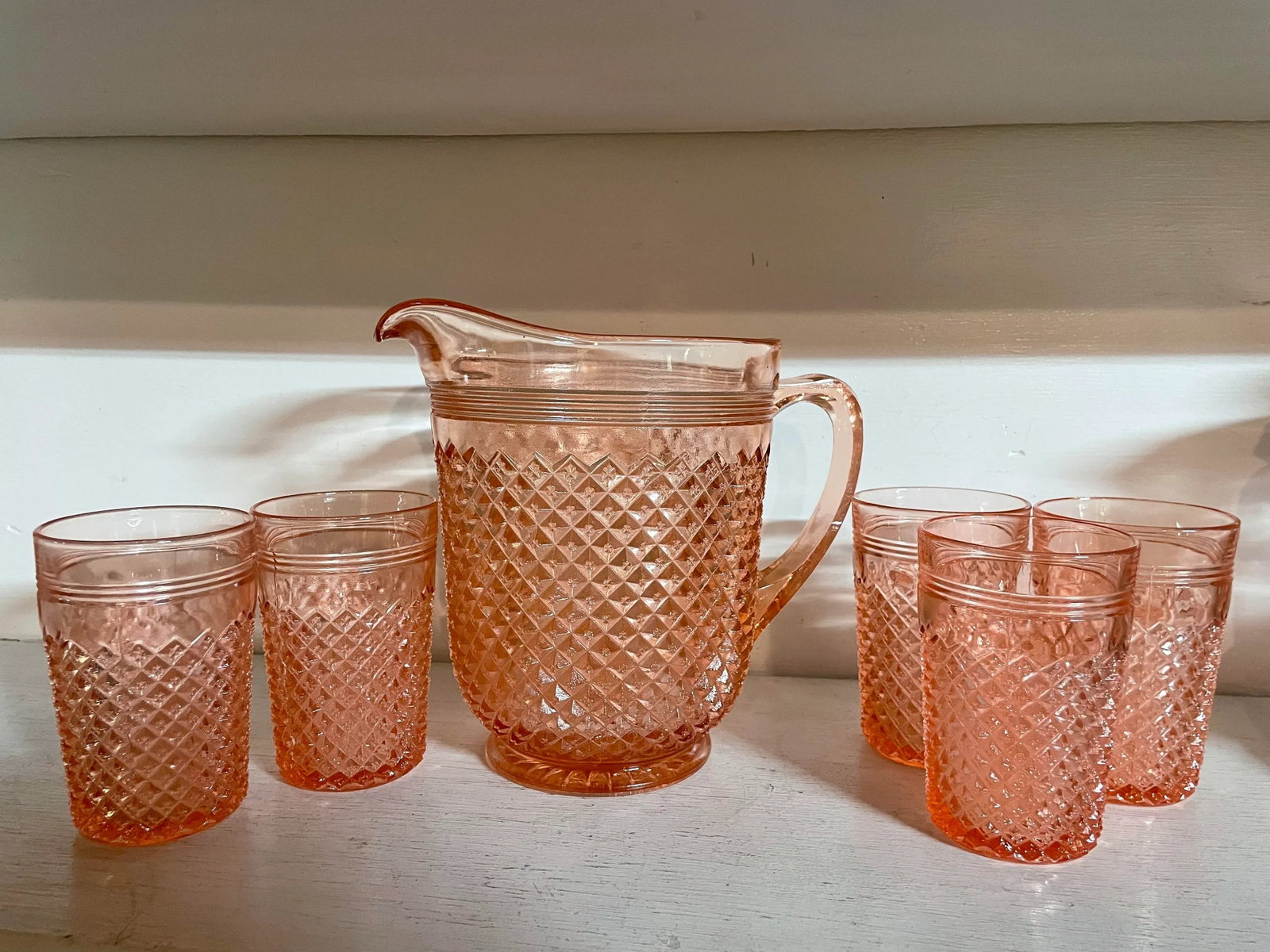 1930s Miss America Depression Glass and Pitcher Set- 6 Pieces - 2