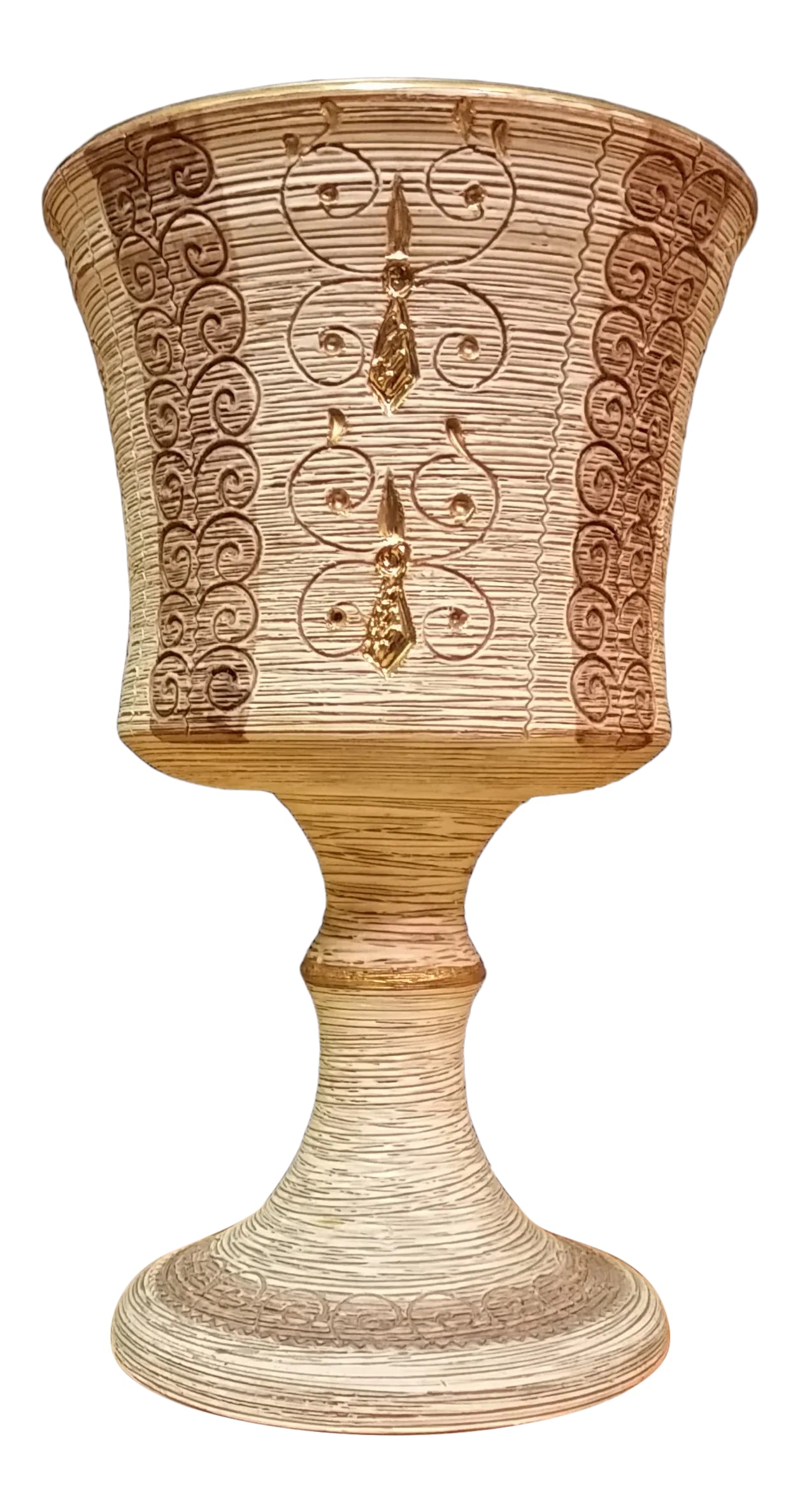 Vintage Fratelli Fanciullacci Italy Sgraffito Chalice Planter: Here's a lovely piece of Italian pottery created by Fratelli Fanciullacci in the Mid Century period. It features sgraffito accents and gold enamel for a rich, luxurious touch. This piece originally