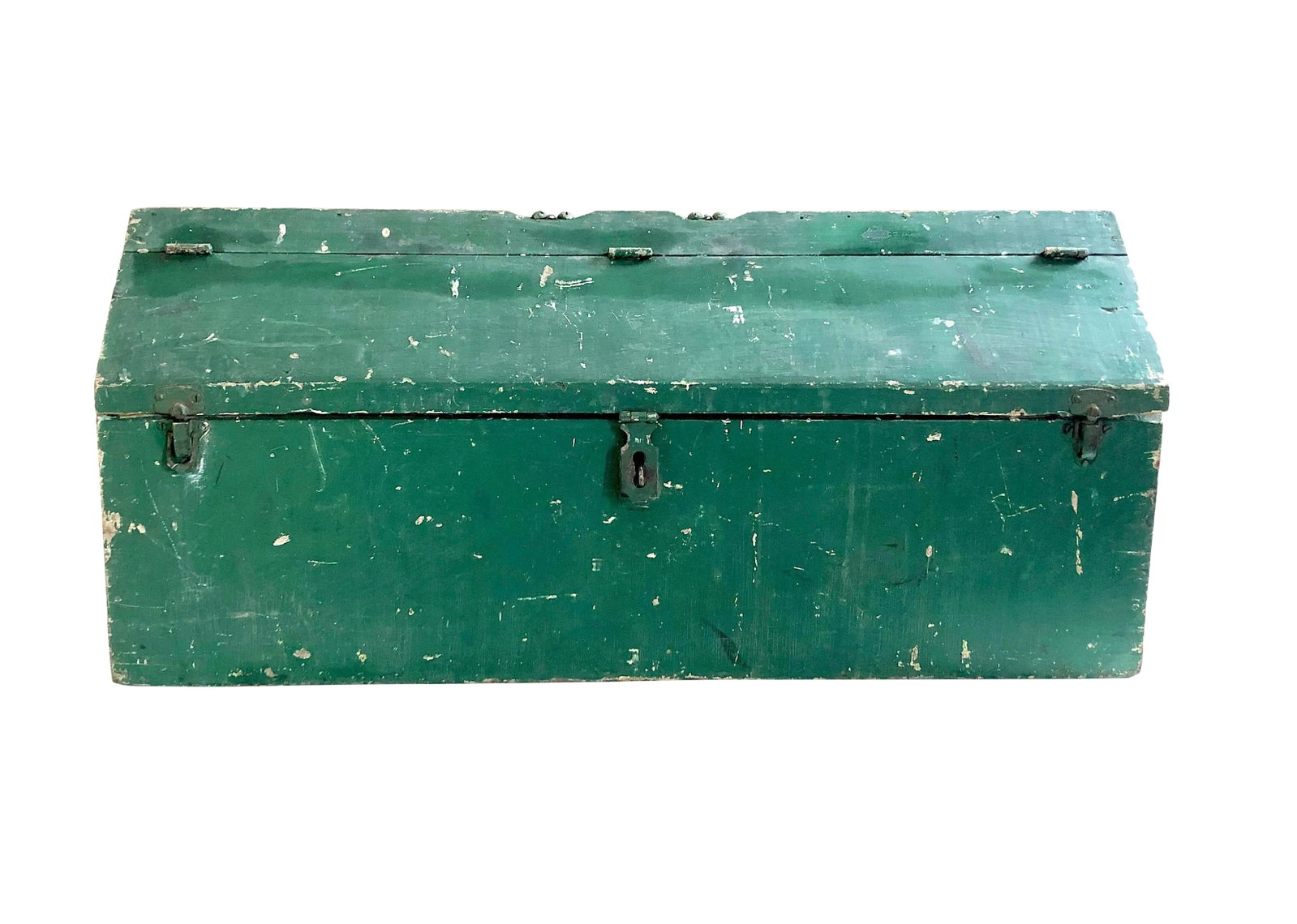 Vintage Rustic Painted Green Wood Tool Box: Ideal for an accent item in the farmhouse style home, this handmade rustic industrial wood trunk/toolbox features the original green paint and chunky metal handles. Wood is likely pine. Features an