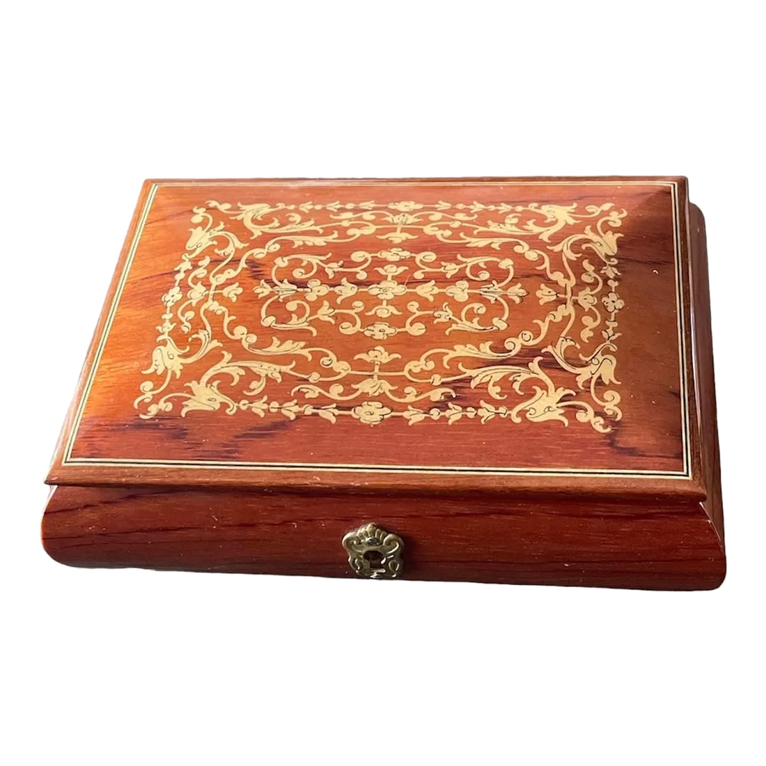 1970s Italian Collage Carved Wood Marquetry Box: Vintage Italian Inlay Musical Box. Box plays 'Isle of Capri'. In great working vintage condition. Marked. No key. Condition: Alterations: Original Condition Unaltered Imperfections: Some