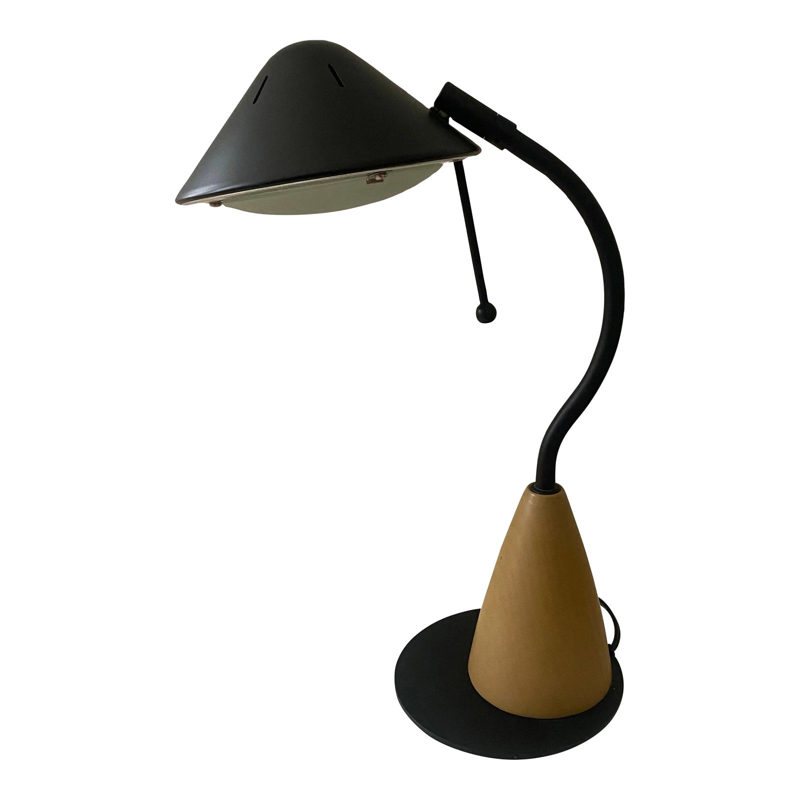 Vintage 1990s Postmodern Memphis Wood Metal Desk Lamp: A postmodern desk lamp with a round metal and triangular wood base, metal stem, and triangular shade. A great combination of contrasting materials, textures, and shapes. On/off switch is on the power 