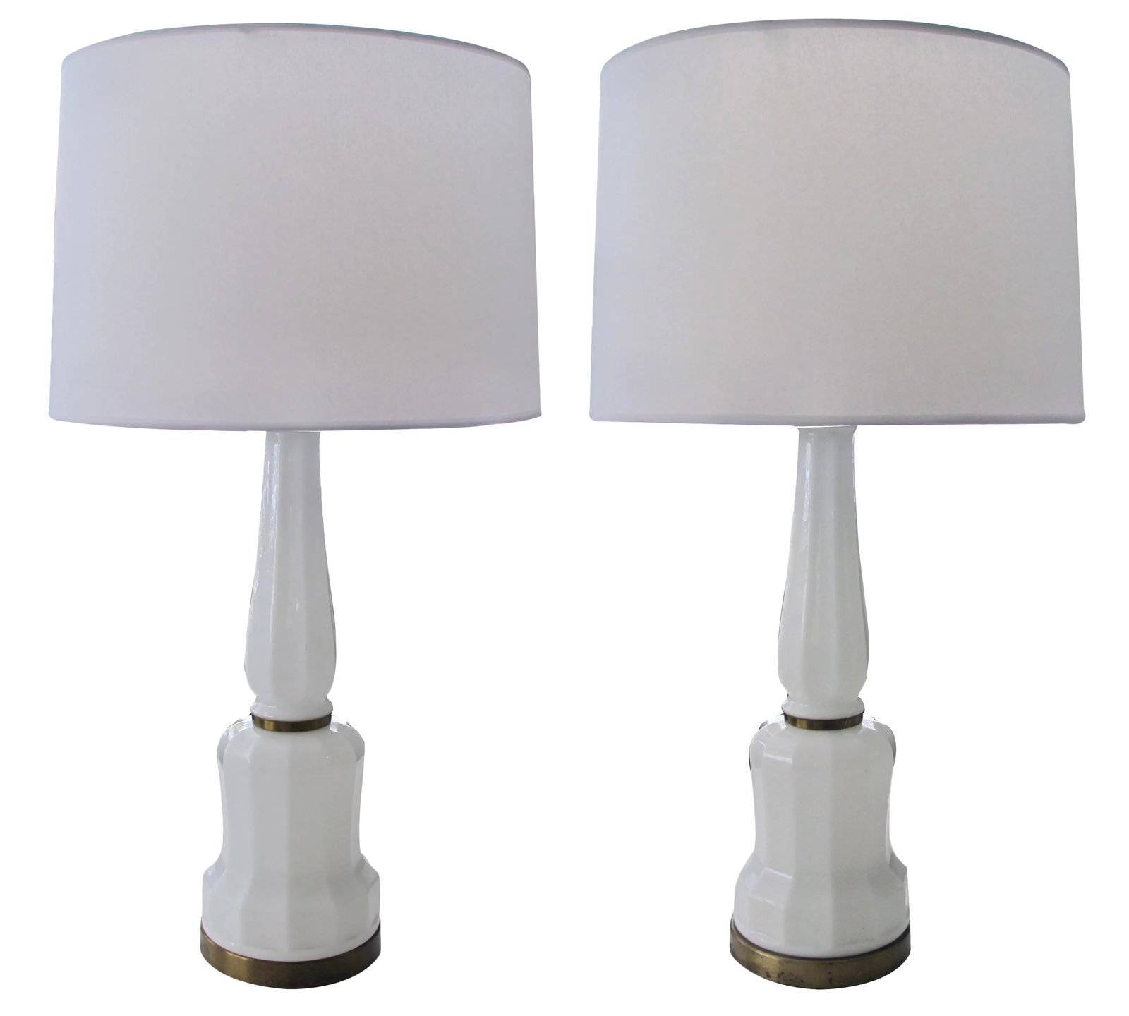 Pr of Danish White Opaline Lamps by Bing&Groendahl Heiberg - a Pair: A fine and striking pair of Danish 1950's white opaline baluster-form lamps by Bing & Groendahl Heiberg; of faceted translucent white opaline glass; each with long neck above a waisted mid-section