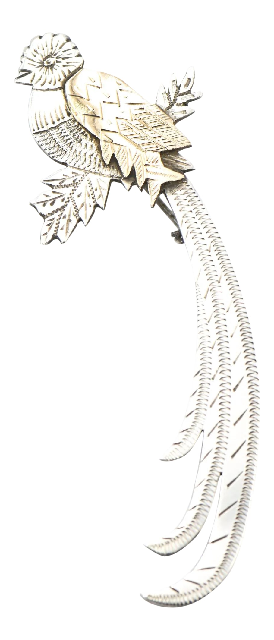 Highly Stylized Silver & Gold Bird Brooch: Long highly stylized etched bird brooch featuring a silver bird with a gold wing sitting on a branch. Unmarked - acid tests as silver and 14k gold Due to the unique nature of this product, all sales a