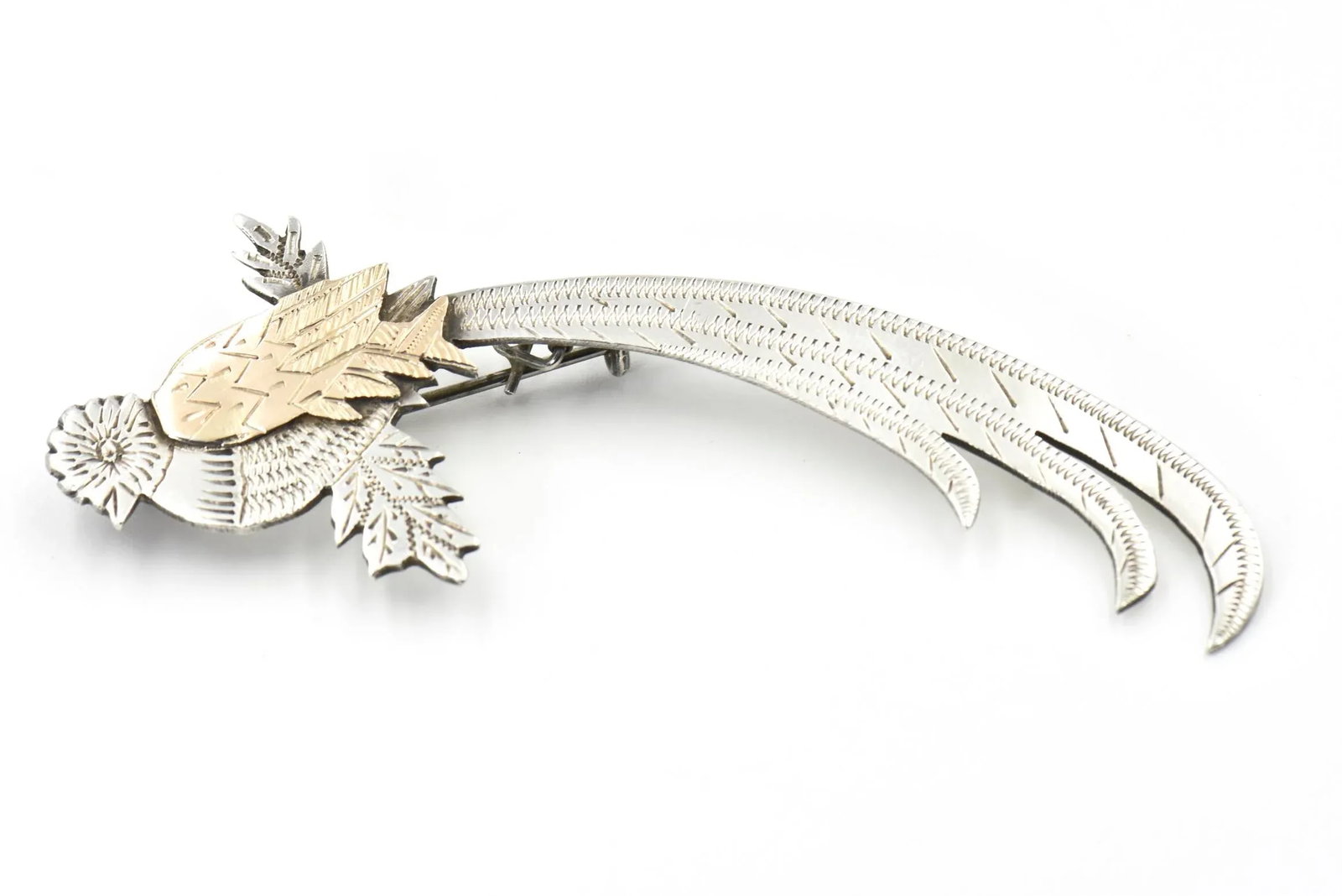 Highly Stylized Silver & Gold Bird Brooch - 2