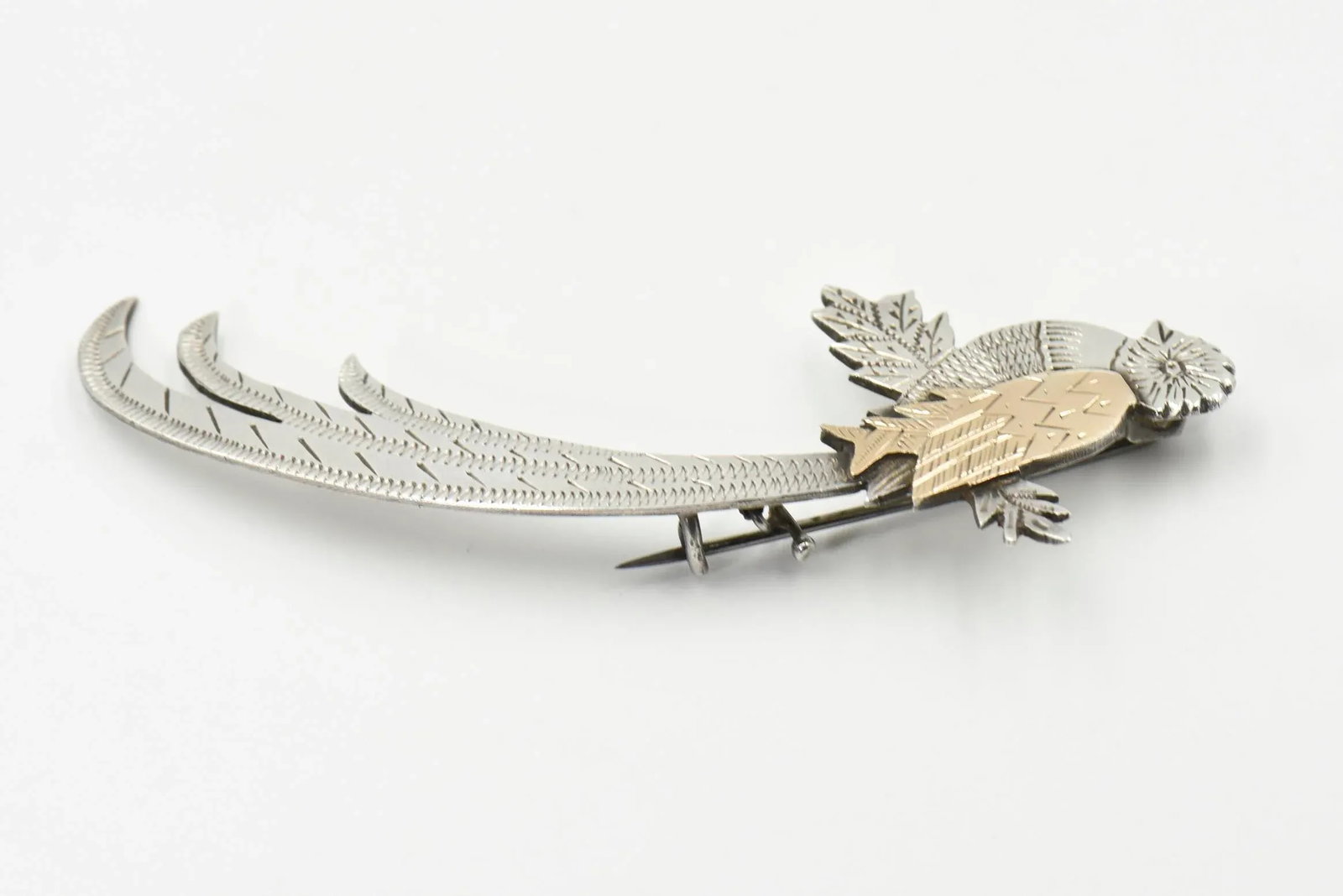 Highly Stylized Silver & Gold Bird Brooch - 5
