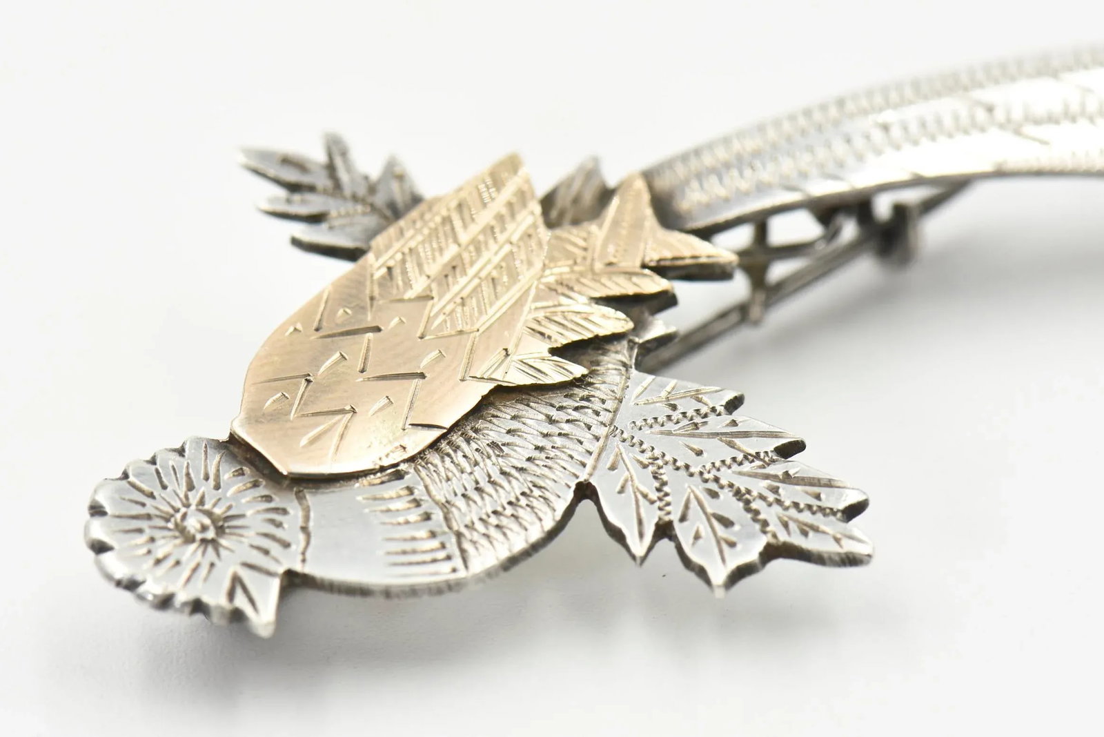Highly Stylized Silver & Gold Bird Brooch - 6