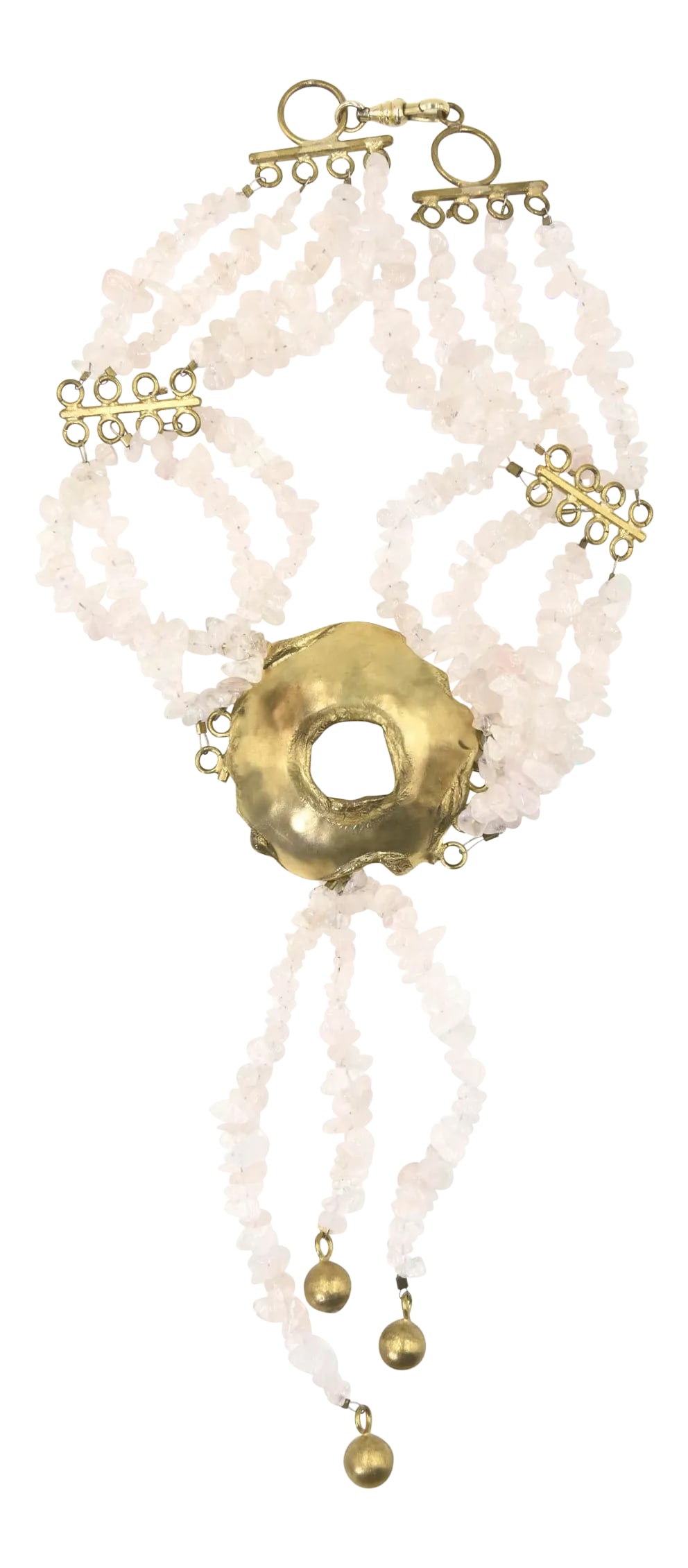 Rose Quartz & Goldtone Chocker Necklace: Bohemian Choker Collar Necklace featuring 4 strands of rose quartz with a freeform circular center piece that has triple tassel. The circle pendant, clasps and spacers are goldtoned metal. The