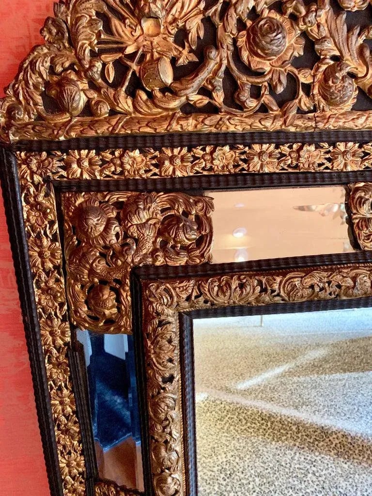 French Ebony Repousse Brass Mirror With Beveled Glass - 5
