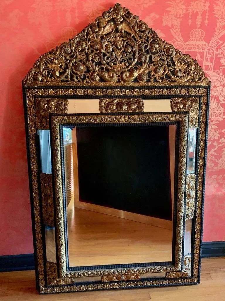 French Ebony Repousse Brass Mirror With Beveled Glass - 6