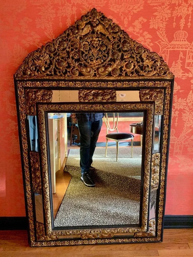French Ebony Repousse Brass Mirror With Beveled Glass - 7