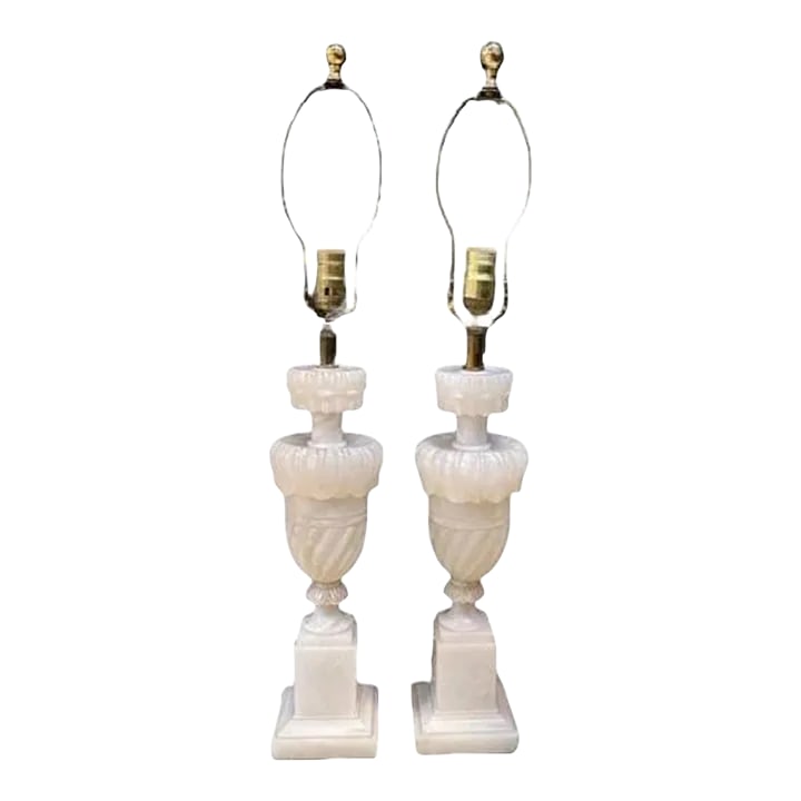 1930's Pair Carved Alabaster Table Lamps: Pair of circa 1930's Italian carved white alabaster table lamps Condition: Alterations: Original Condition Unaltered Imperfections: Some Imperfections Condition Notes: very good Origin: Italy Mate