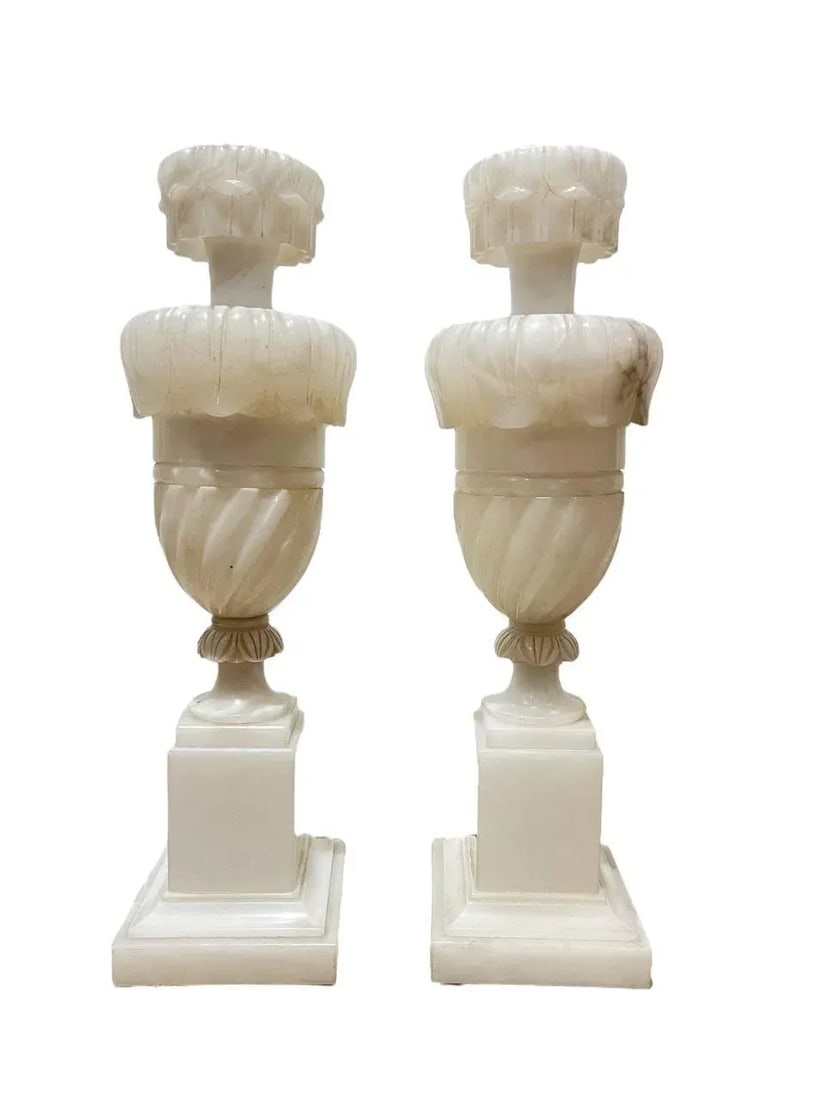 1930's Pair Carved Alabaster Table Lamps - 2