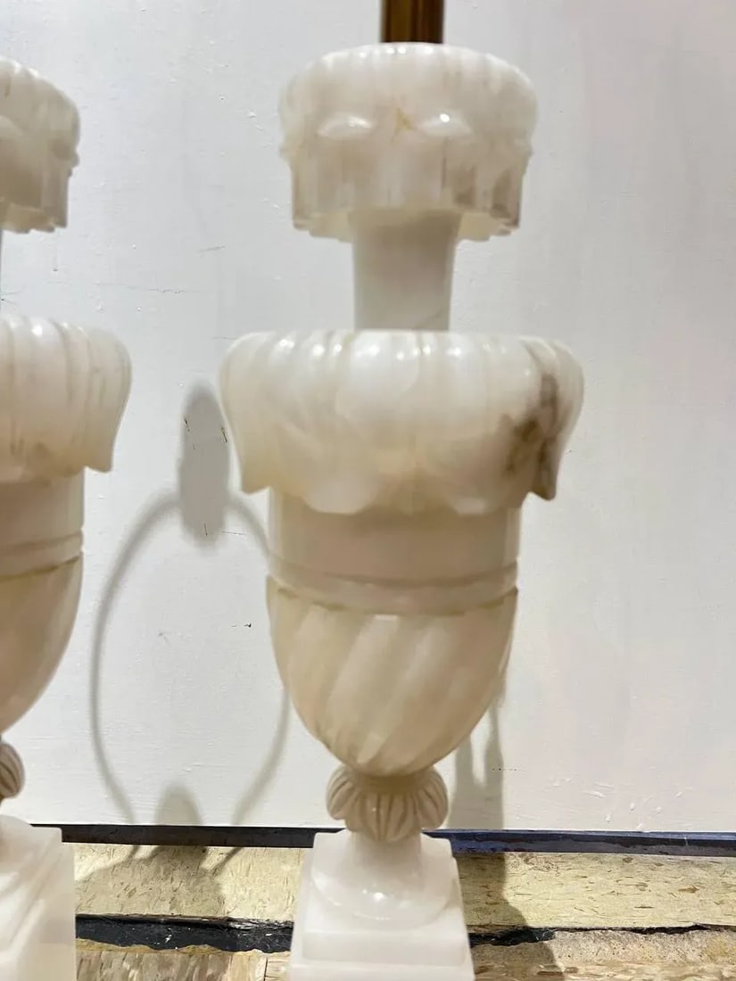 1930's Pair Carved Alabaster Table Lamps - 3