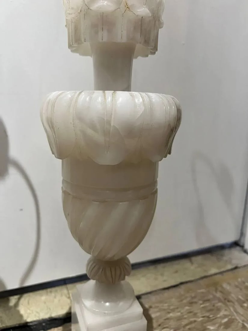 1930's Pair Carved Alabaster Table Lamps - 4