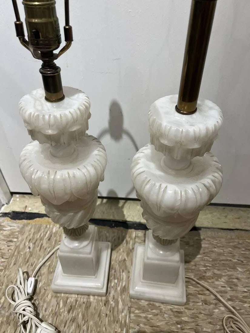 1930's Pair Carved Alabaster Table Lamps - 5