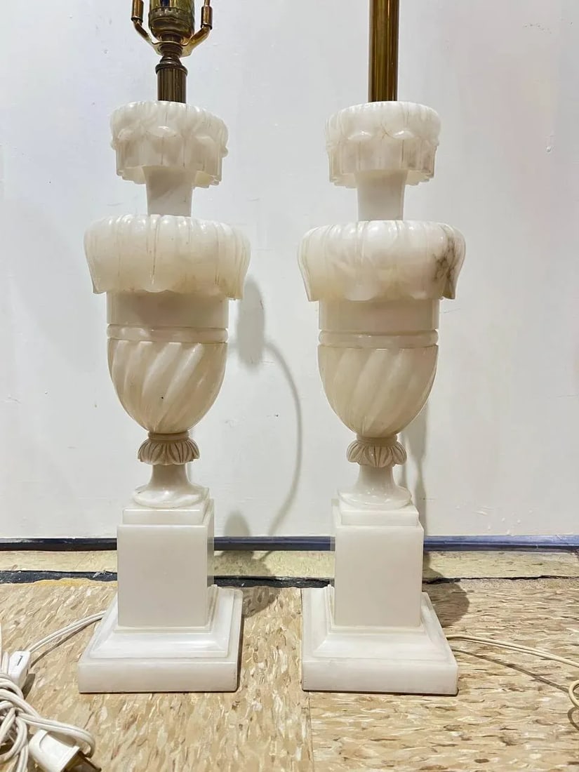 1930's Pair Carved Alabaster Table Lamps - 6