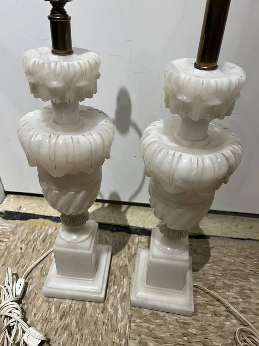 1930's Pair Carved Alabaster Table Lamps - 7