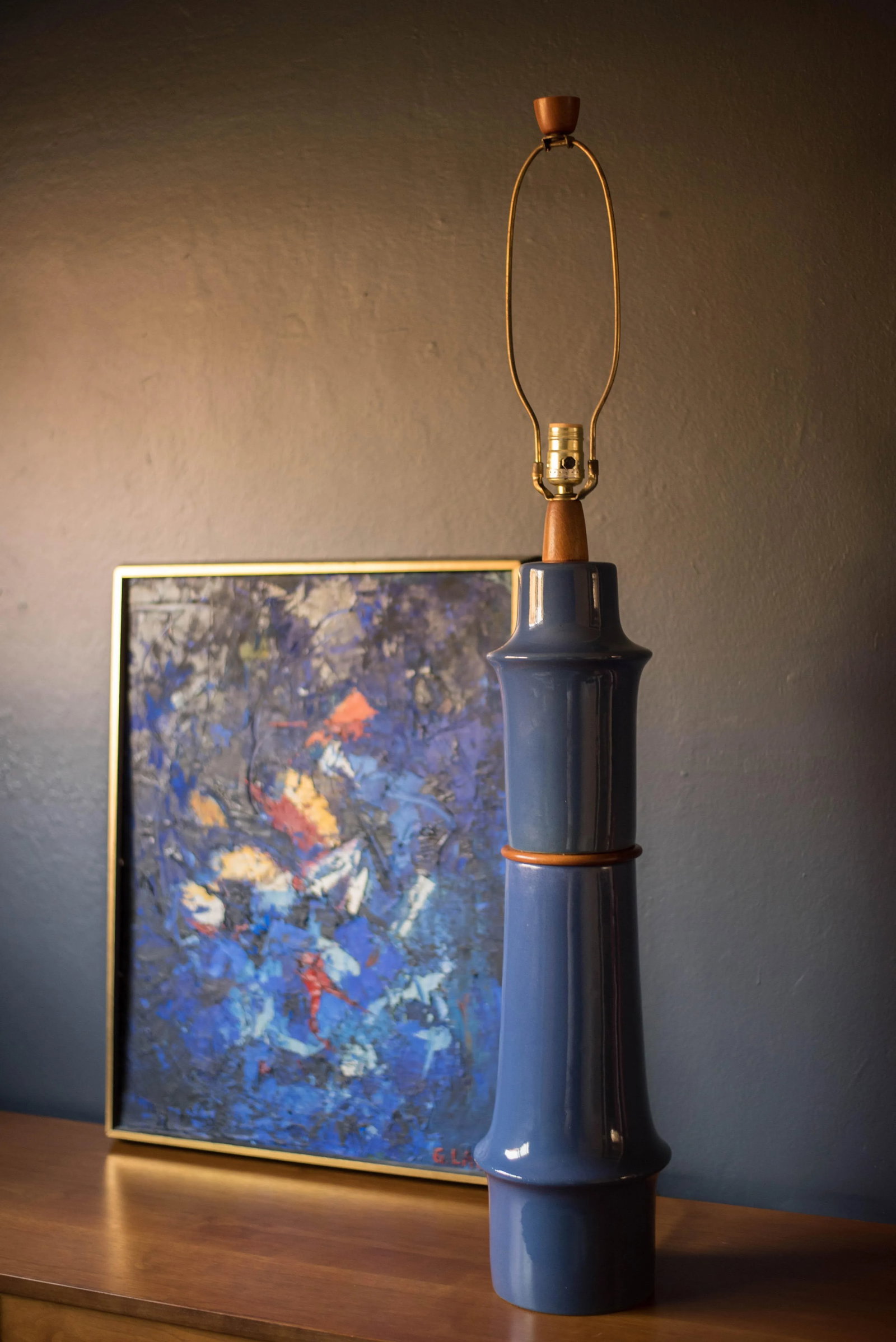 Mid Century Blue Stoneware Table Lamp With Shade by Martz - 11