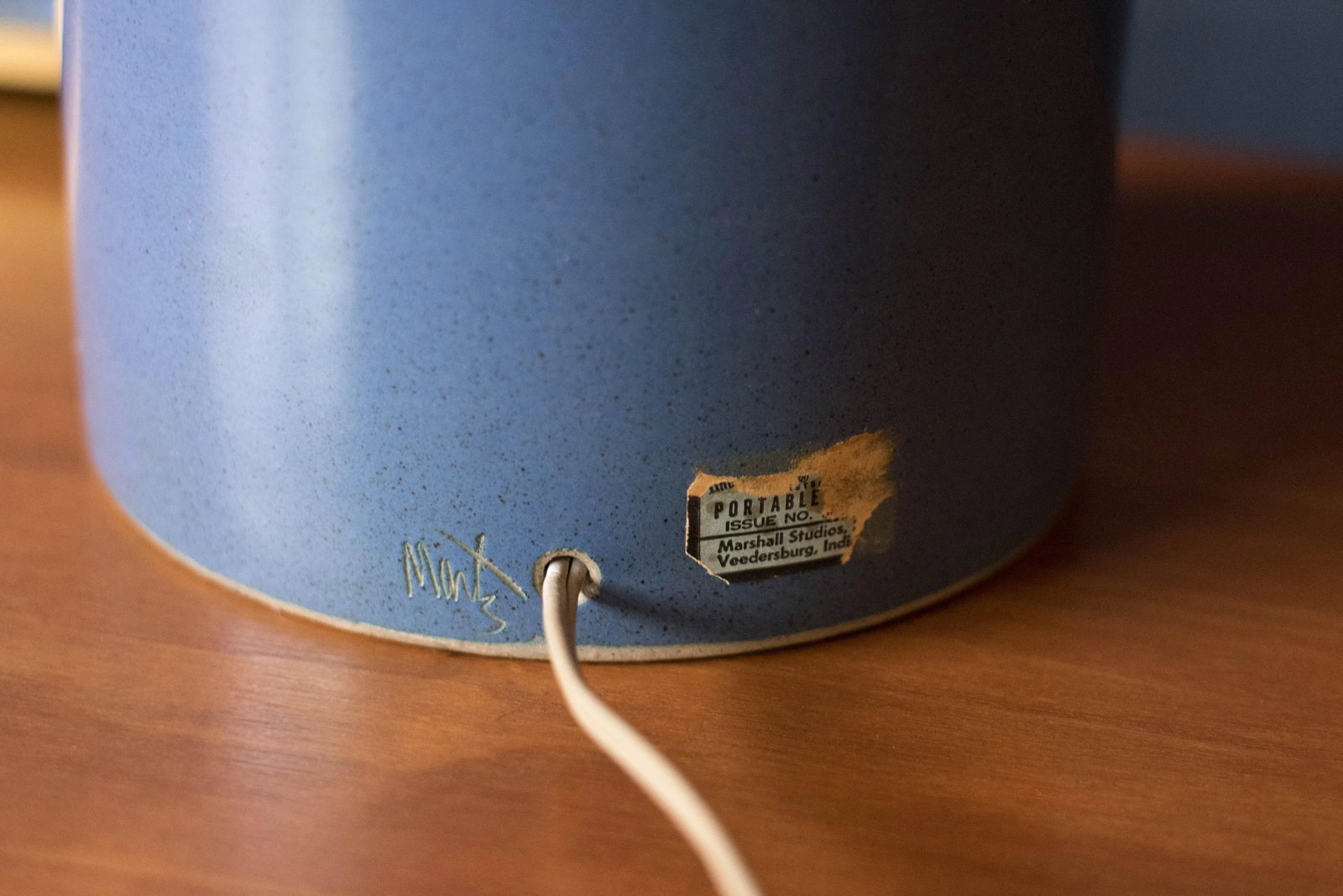 Mid Century Blue Stoneware Table Lamp With Shade by Martz - 12