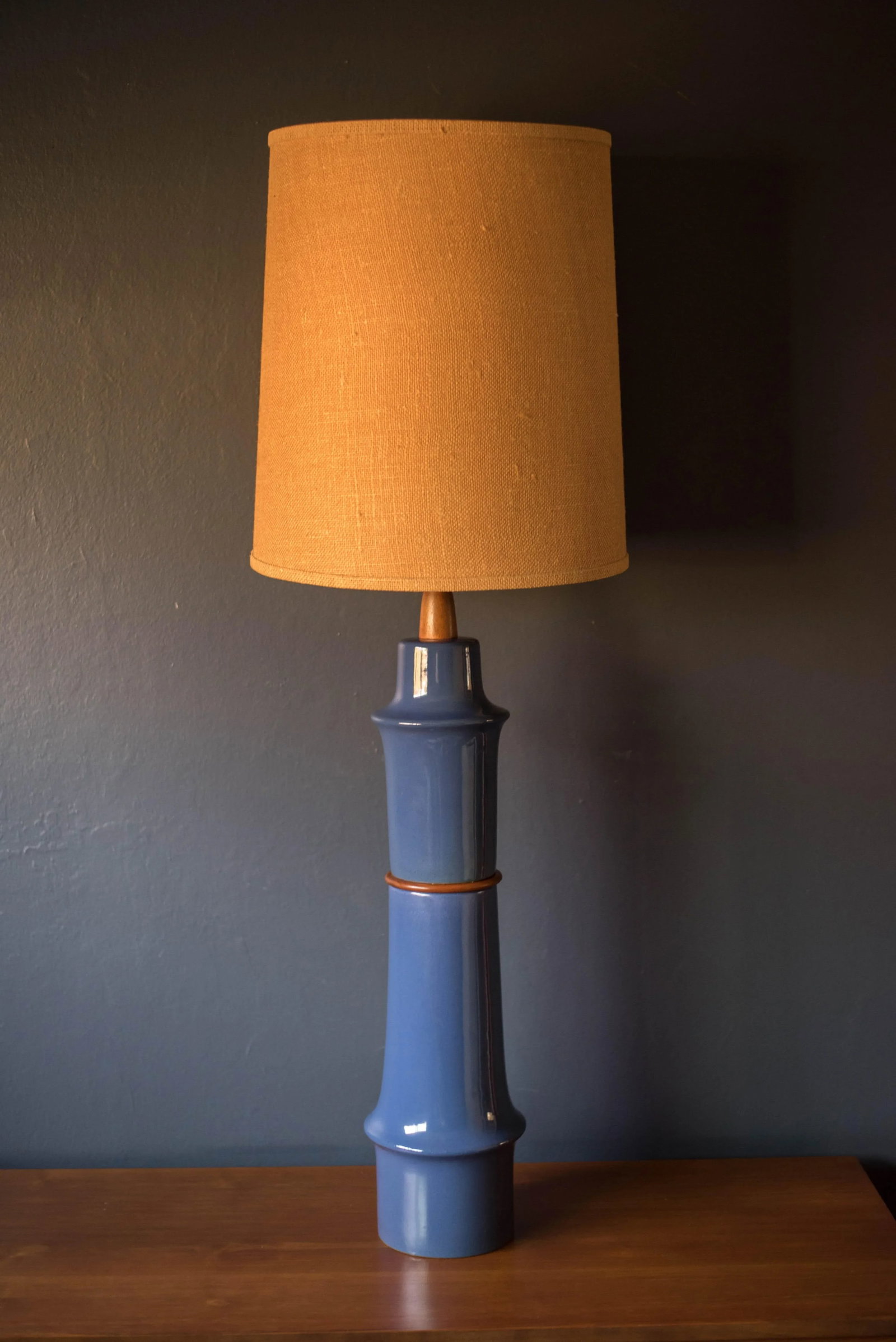 Mid Century Blue Stoneware Table Lamp With Shade by Martz - 13