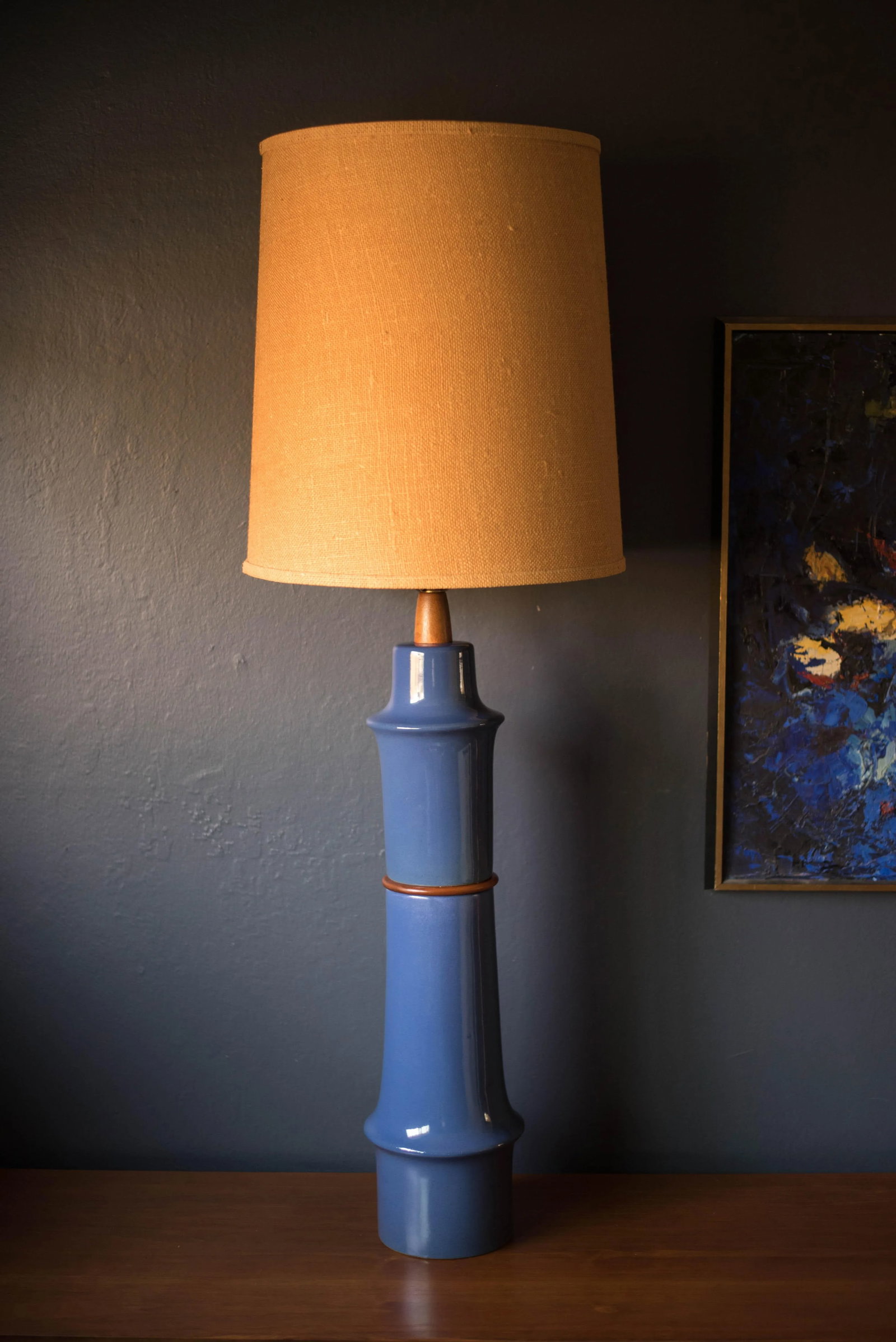 Mid Century Blue Stoneware Table Lamp With Shade by Martz - 2