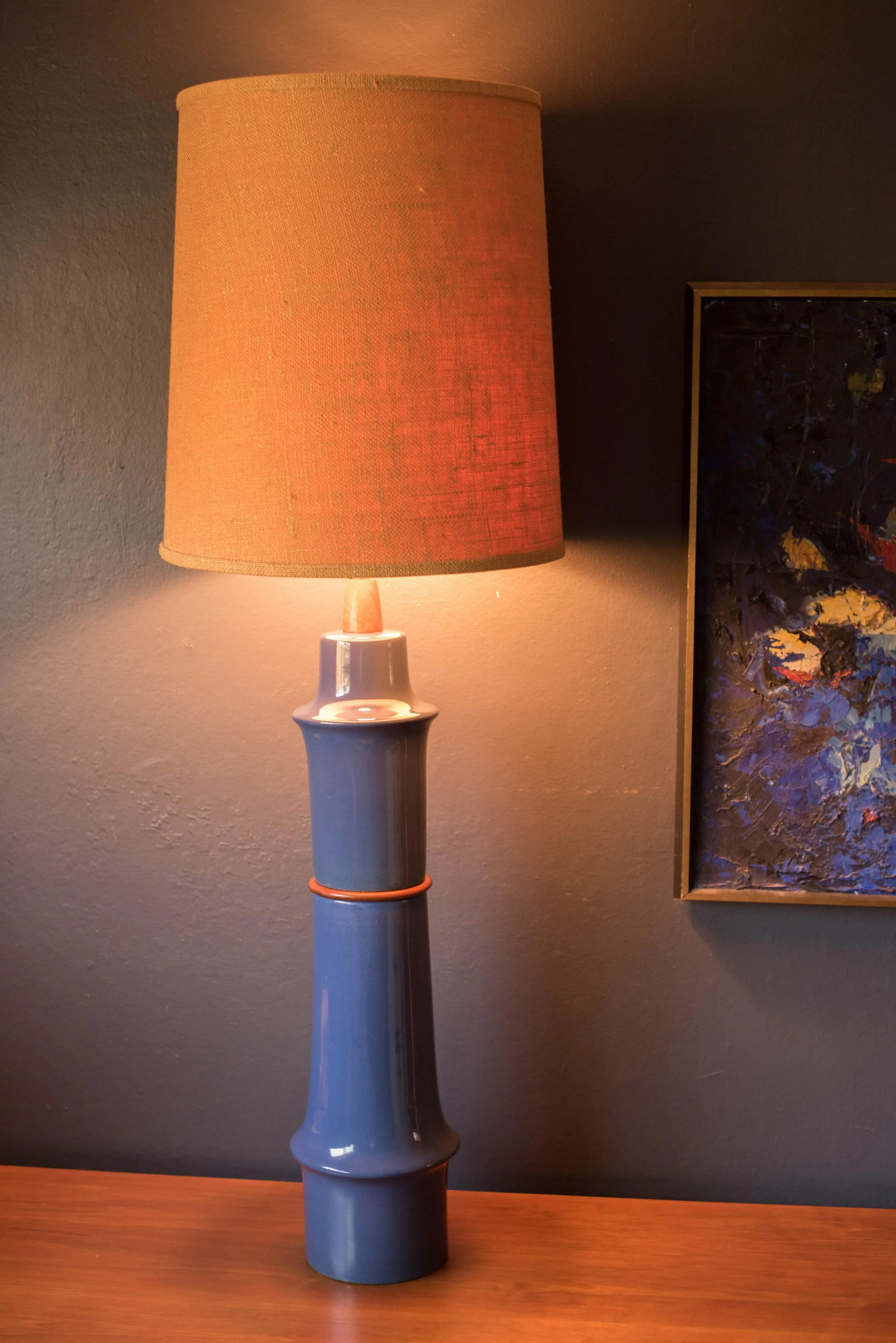Mid Century Blue Stoneware Table Lamp With Shade by Martz - 3