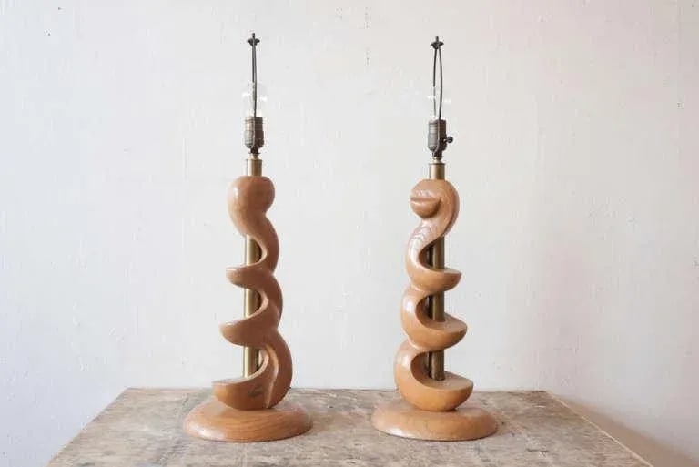 Sculpted Wooden Lamps by Light House - a Pair - 2