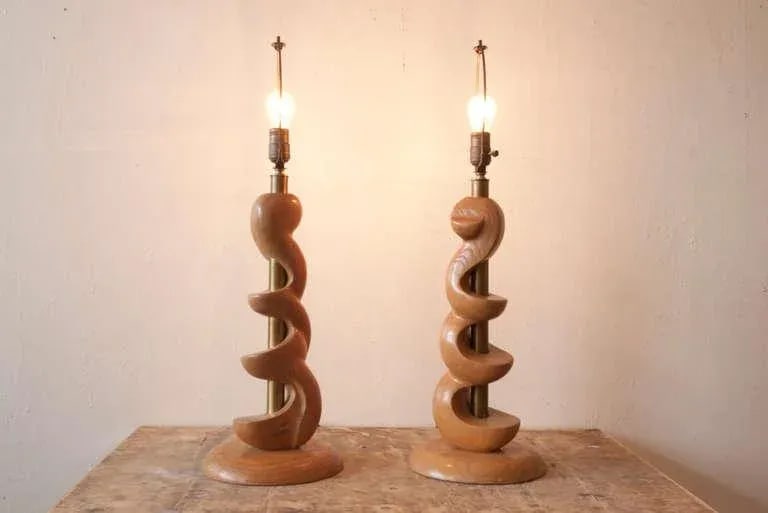 Sculpted Wooden Lamps by Light House - a Pair - 3