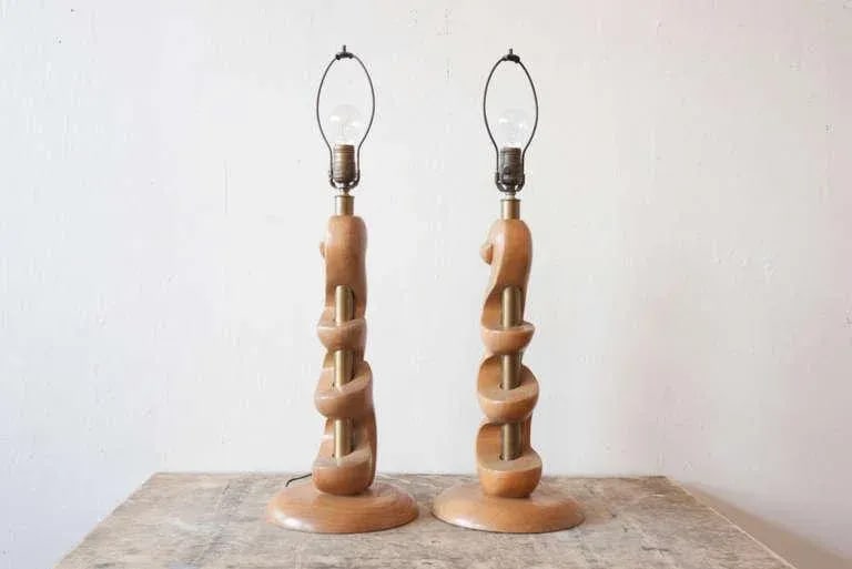 Sculpted Wooden Lamps by Light House - a Pair - 4