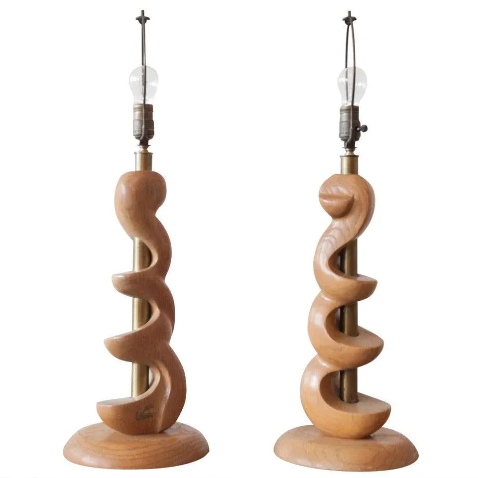 Sculpted Wooden Lamps by Light House - a Pair - 6