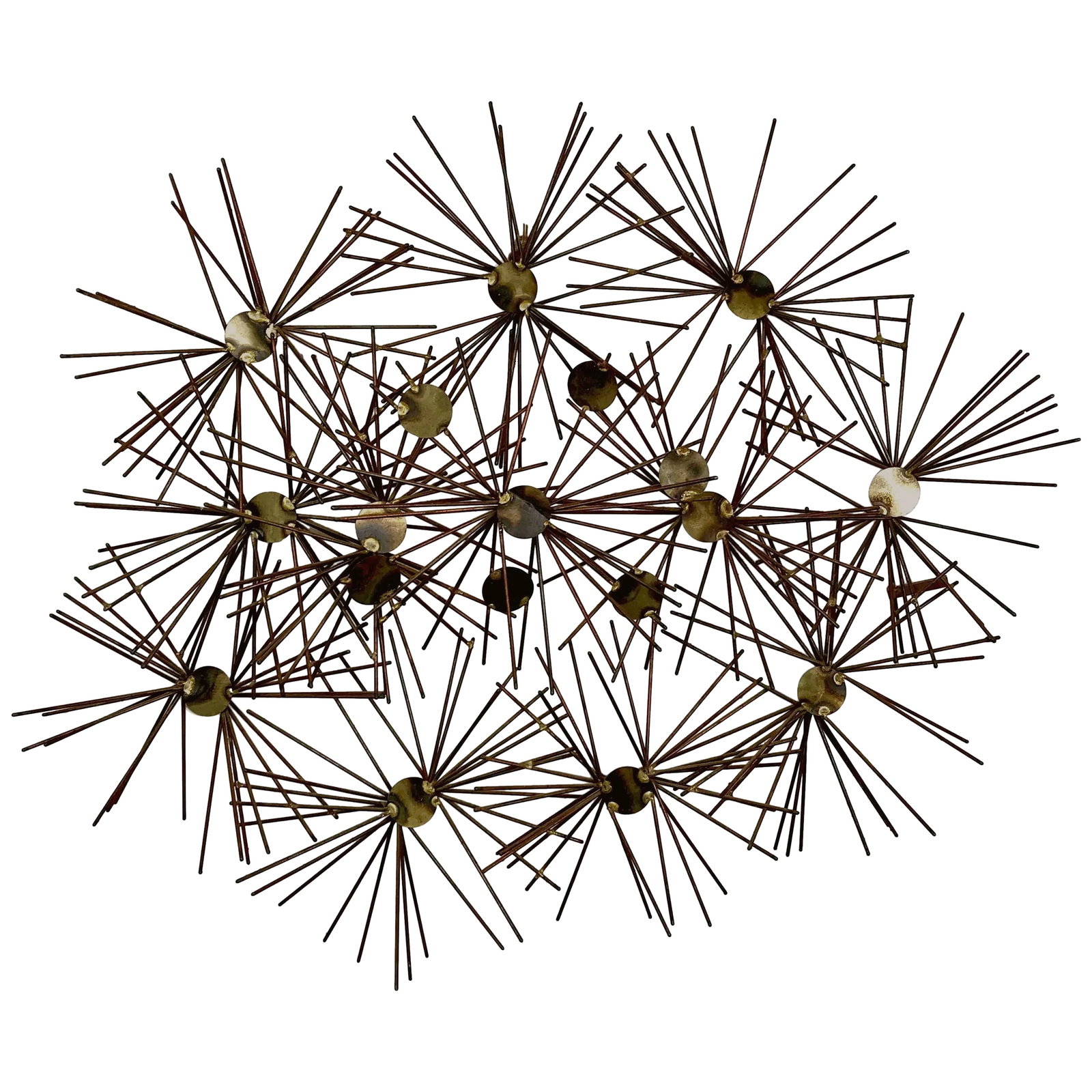 Mixed Metal Wall Sculpture Signed Greenberg, 1968: This is a great looking mixed metal (copper and brass) torch welded wall sculpture. Well crafted and with a lot of energy this piece makes a strong statement in any setting. Condition: Alterations: Un
