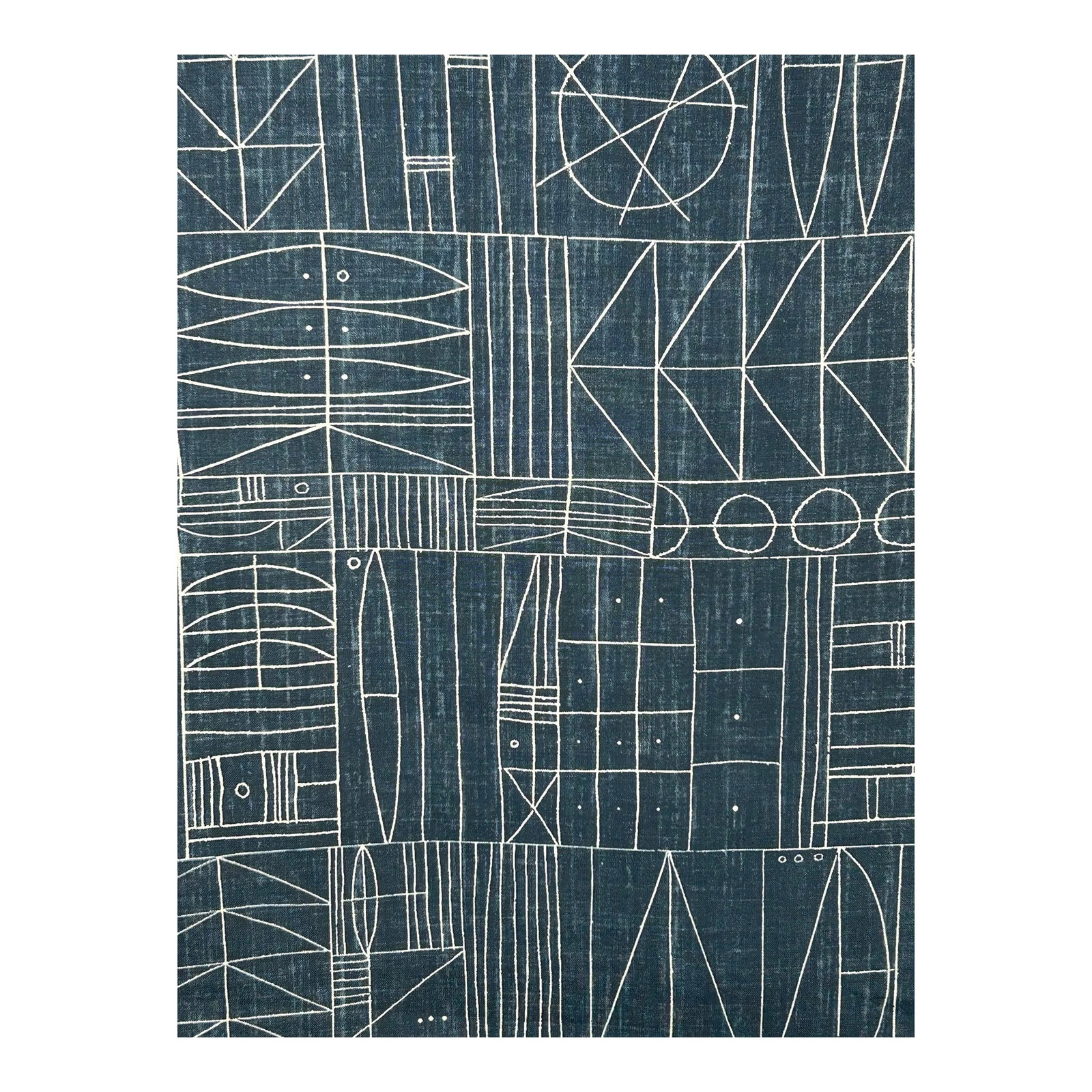Kerry Joyce "Scribe" Print- 7.25 Yards: A series of line drawings that icnldue dots, circles, curves and other geometry. All the lines are free hand and charming. There are two shades of blue for the gorund and the line work is natural "omi