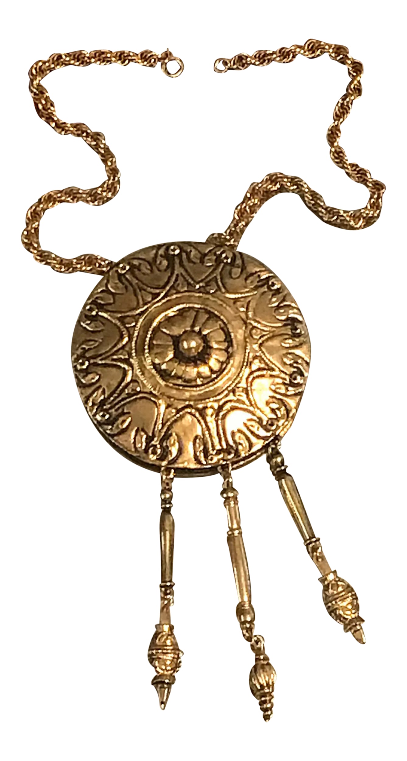 Vintage Necklace Accessocraft Gold Coin Pendant: Smart Accessocraft large necklace...burnished etched gold...3 dangles...marked Accessocraft...nice heavy weight to this beautiful statement necklace. 18" length plus a total of 7.50" drop Condition: A
