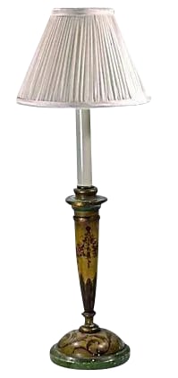 Antique Italian Hand-Painted Floral Lamp: Antique 1900-1910 Italian hand-painted floral table lamp. Wired and in working condition. Shade, 7.25"Dia x 4.75"H. Condition: some surface wear. Materials: wood/fabric. No maker's marks. Condition: C