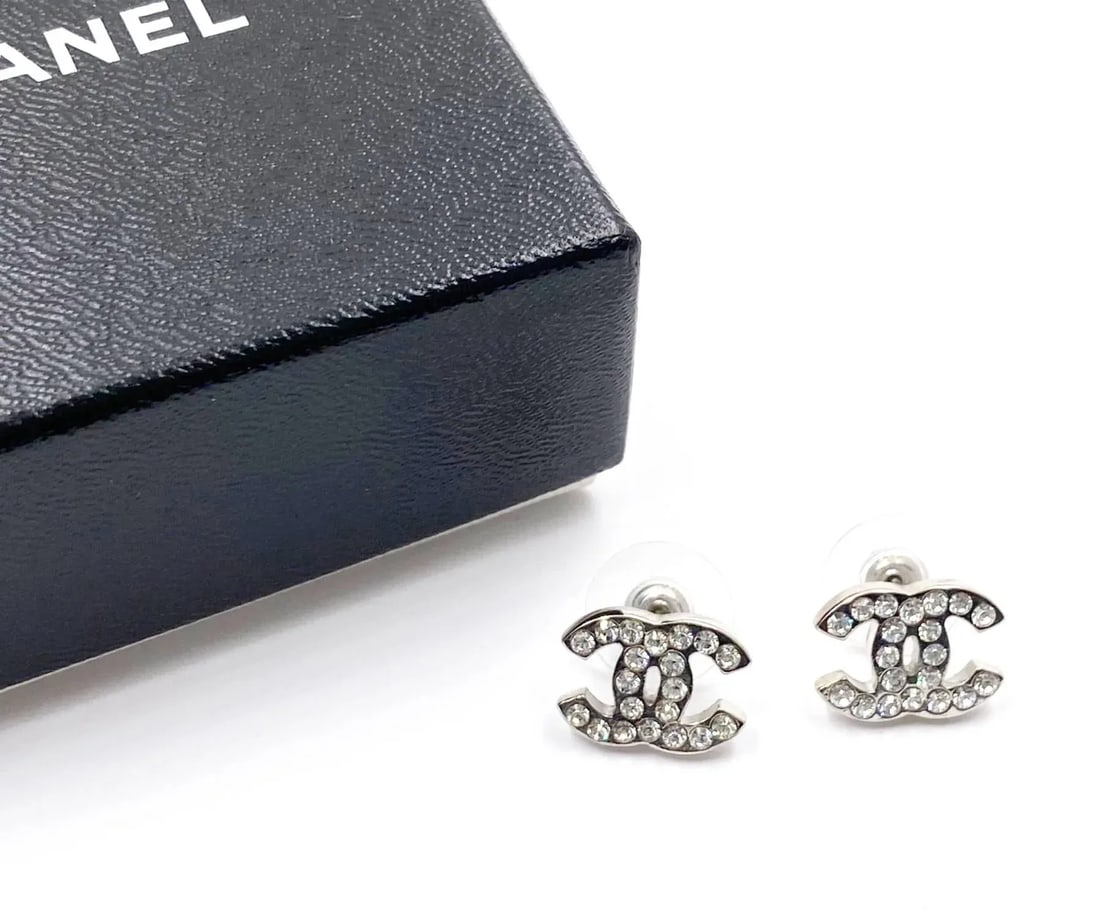 Chanel Classic Silver CC Crystal Medium Piercing Earrings - 2 Pieces - 3