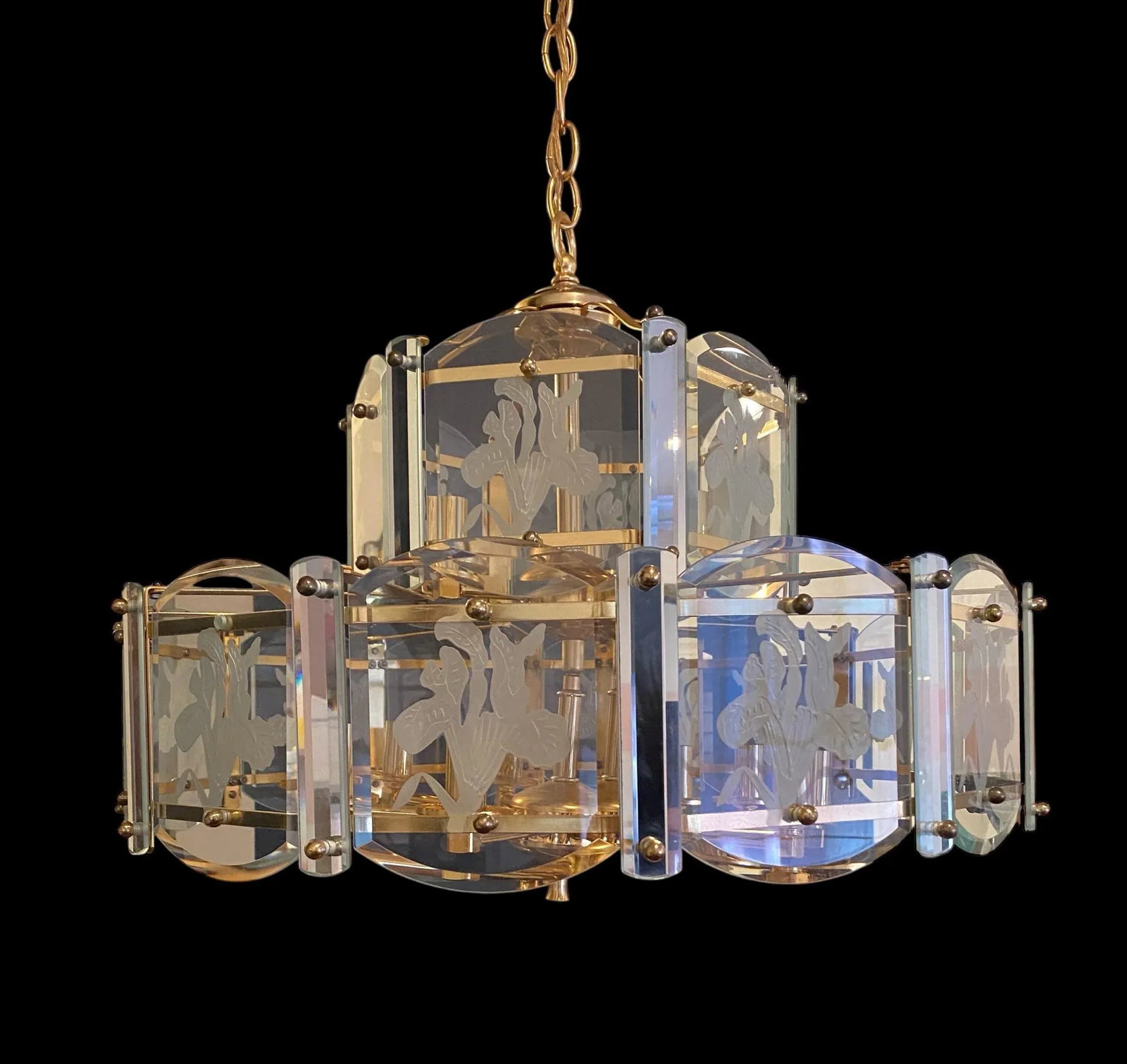 1980s Art Deco Fredrick Ramond Style Glass Etched Lilies Chandelier Fixture - 2