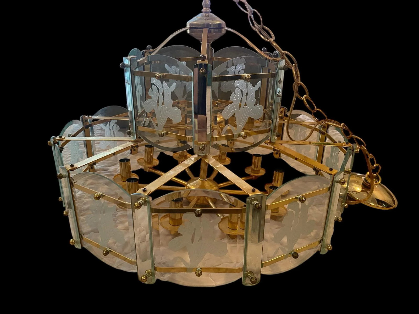 1980s Art Deco Fredrick Ramond Style Glass Etched Lilies Chandelier Fixture - 4