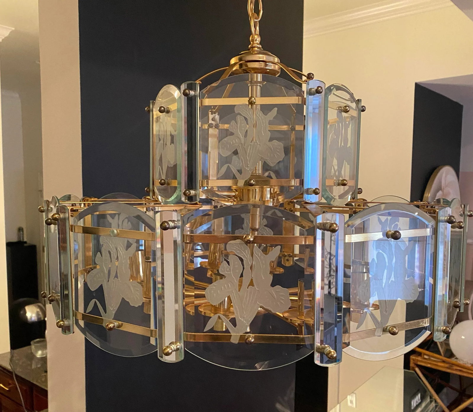1980s Art Deco Fredrick Ramond Style Glass Etched Lilies Chandelier Fixture - 6