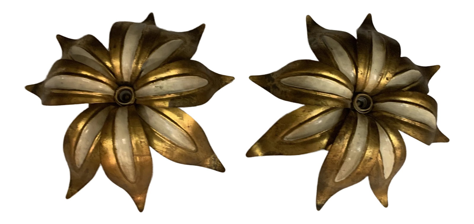 1930's Italian Gold and White Flower Sconces - a Pair: A pair of 1930's Italian gilt metal and painted sconces with flower design Condition: Alterations: Original Condition Unaltered Imperfections: Some Imperfections Condition Notes: Good condition