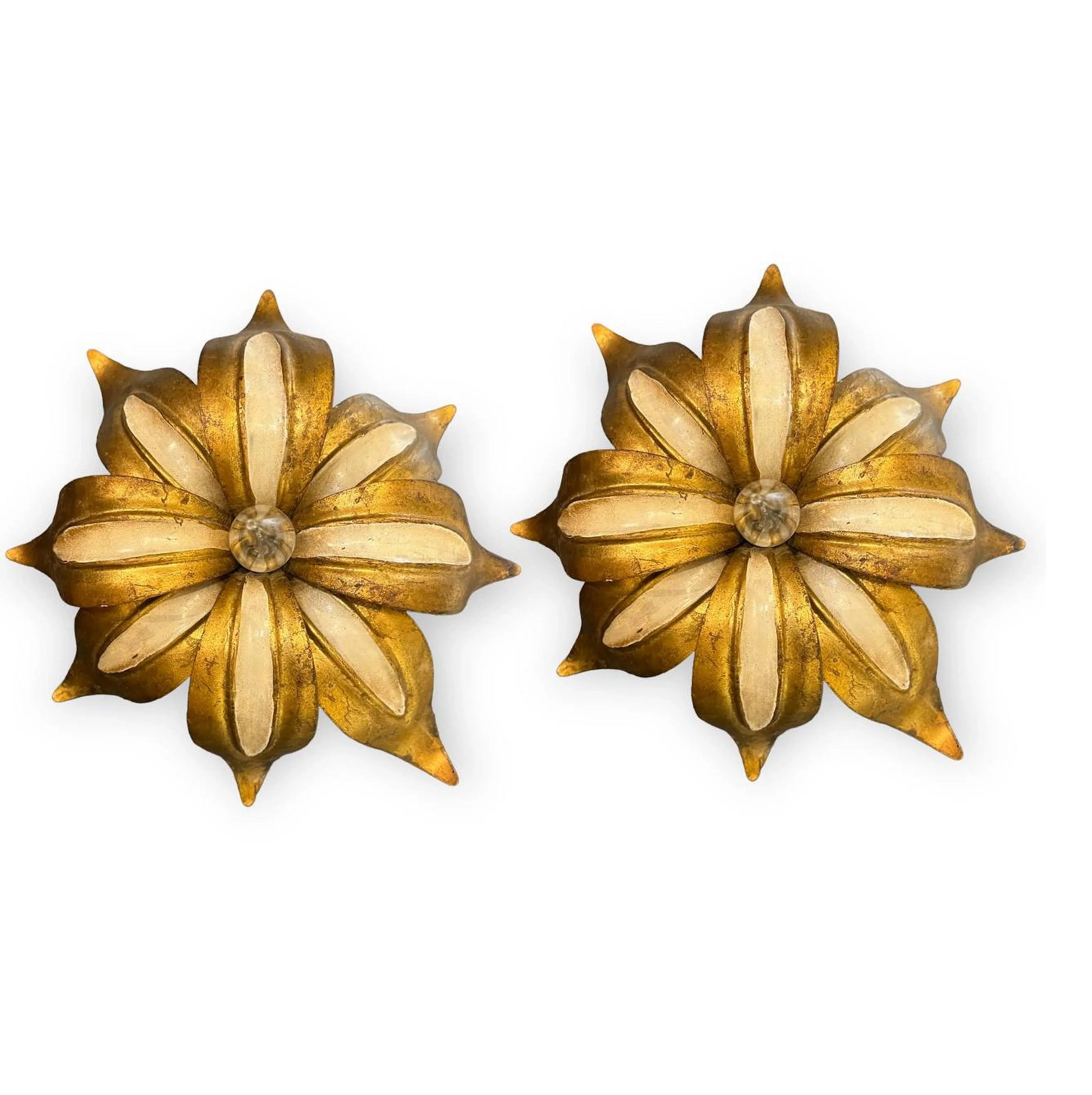 1930's Italian Gold and White Flower Sconces - a Pair - 2