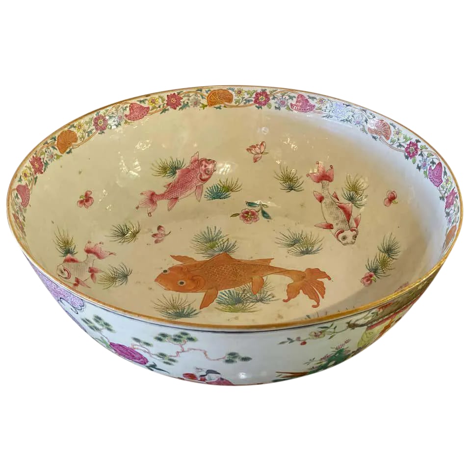 19th Century Famille Rose Chinese Export Punch Bowl, Koi Decorated (1 of 13)