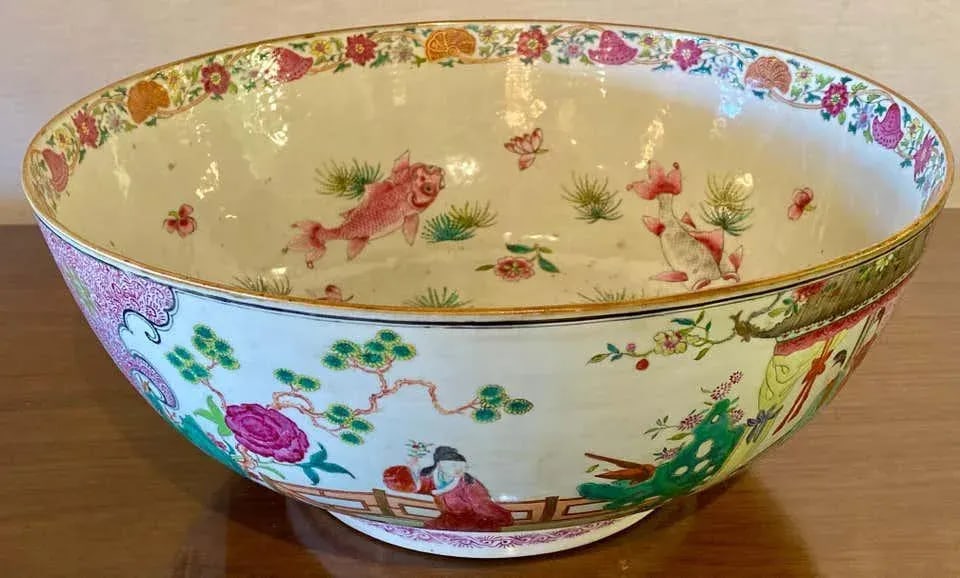 19th Century Famille Rose Chinese Export Punch Bowl, Koi Decorated - 2