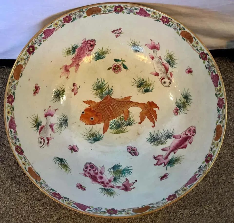 19th Century Famille Rose Chinese Export Punch Bowl, Koi Decorated - 5