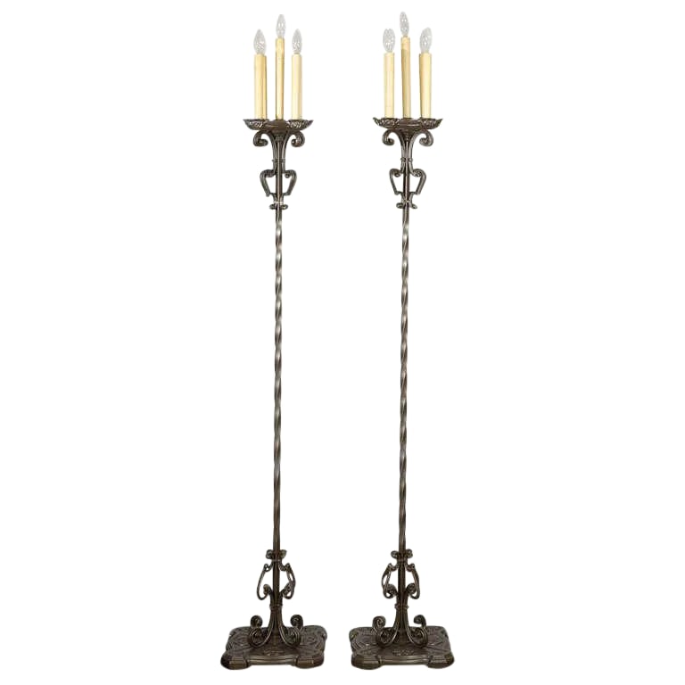 1930s American Floor Lamps - A Pair: A very good pair of floor lamps, thought to be American, circa the 1930's. This imposing pair would look good and add quality to your next project. United States, circa 1930's 73" H X 10" W X 10" D Ma