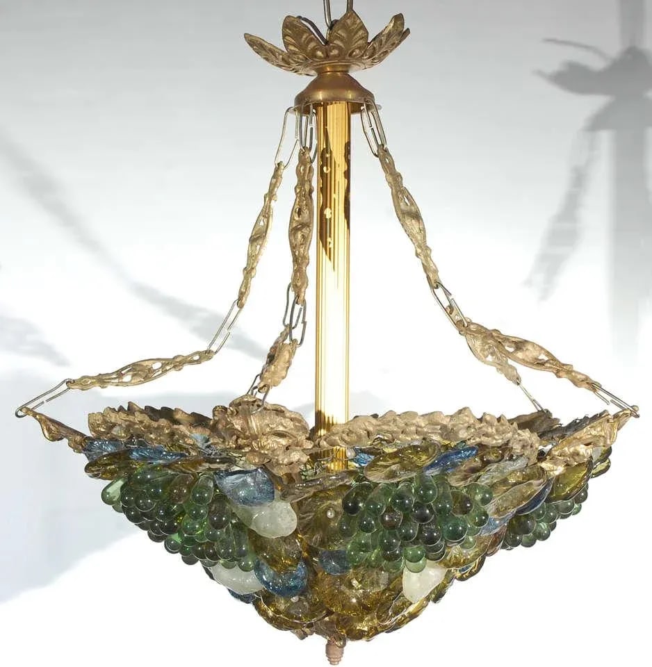 Art Deco Art Glass & Brass Chandelier - 2