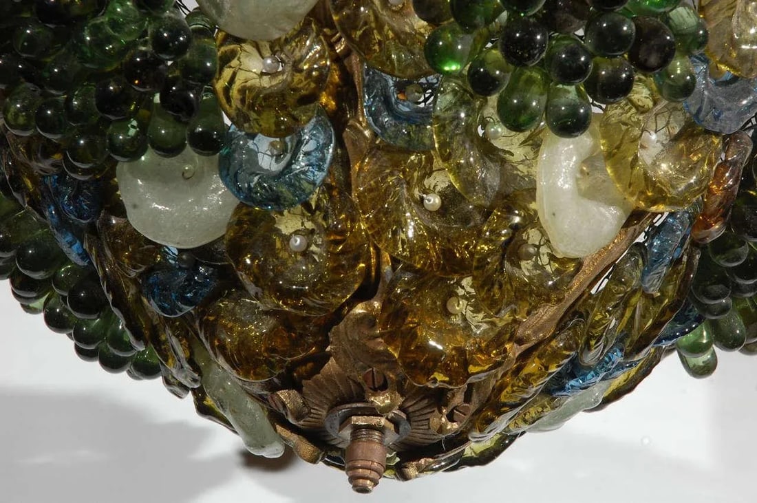 Art Deco Art Glass & Brass Chandelier - 5