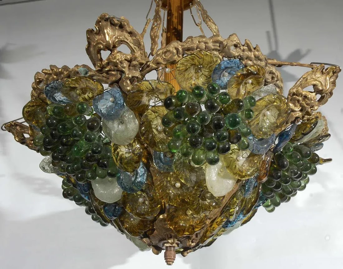 Art Deco Art Glass & Brass Chandelier - 6